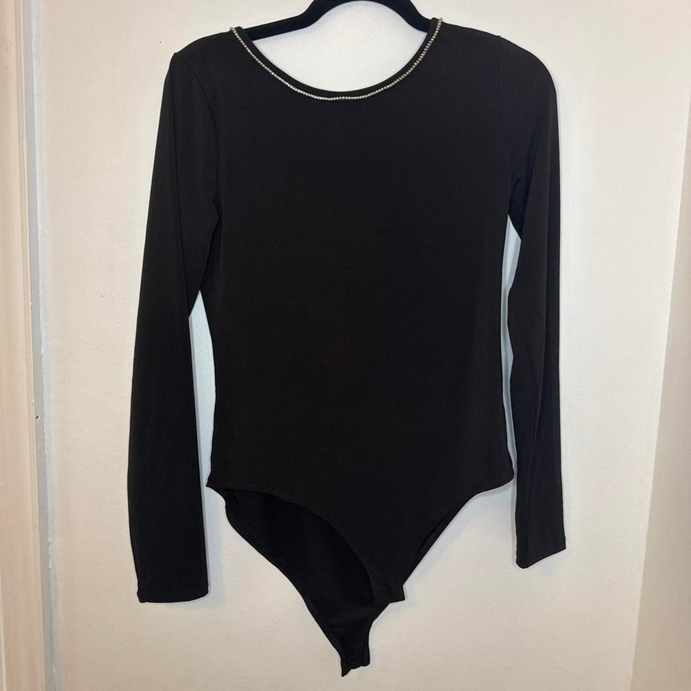 H&M Bodysuit Womens Medium Black Good Rhinestone Open Back Long Sleeve Trim
